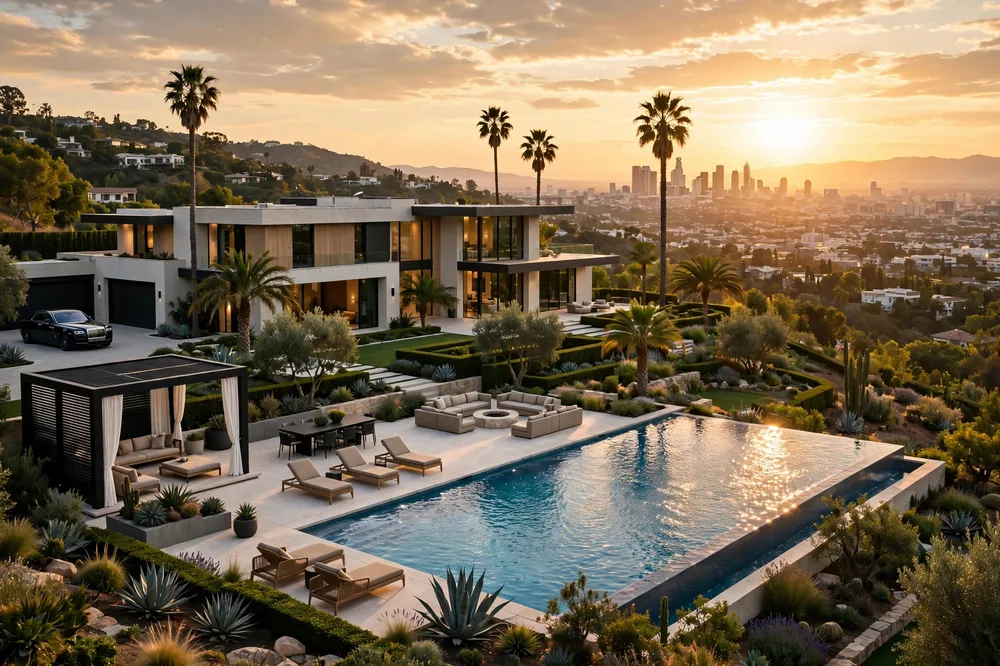 Luxurious Los Angeles mansion with palm trees at sunset representing Lori Loughlin's Hollywood wealth
