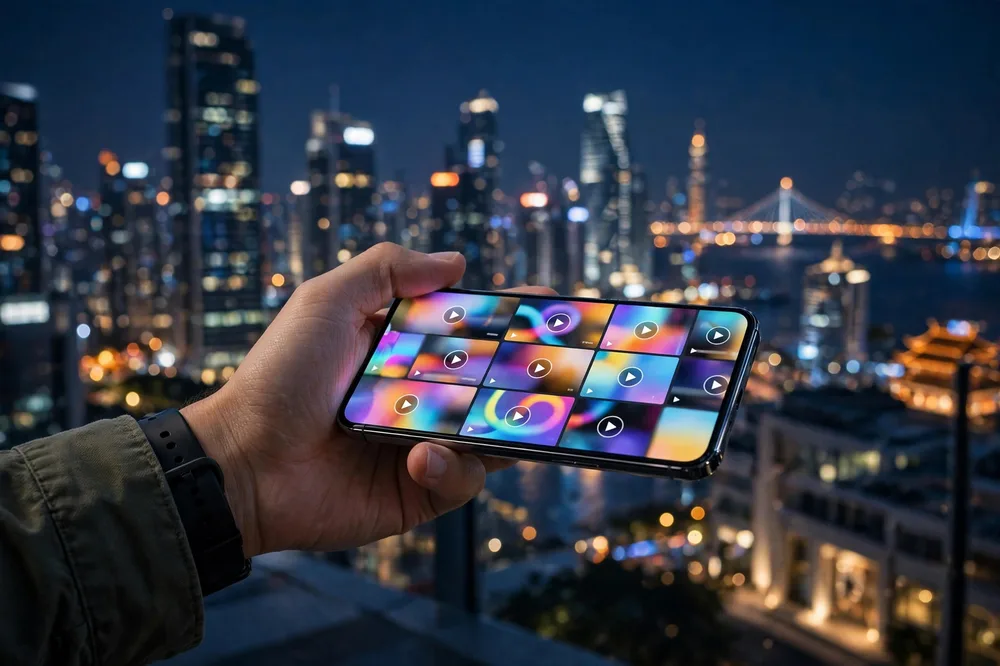 Hand holding smartphone showing short-video app graphics against a glowing Asian city skyline at night, representing TikTok's global growth
