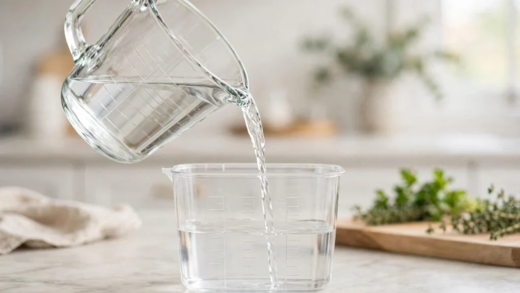 Measuring cup with milliliter markings pouring liquid in a bright kitchen
