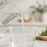 Measuring cup with milliliter markings pouring liquid in a bright kitchen
