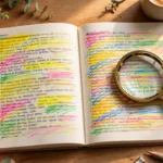 Open English grammar book with highlighted words and magnifying glass on study desk