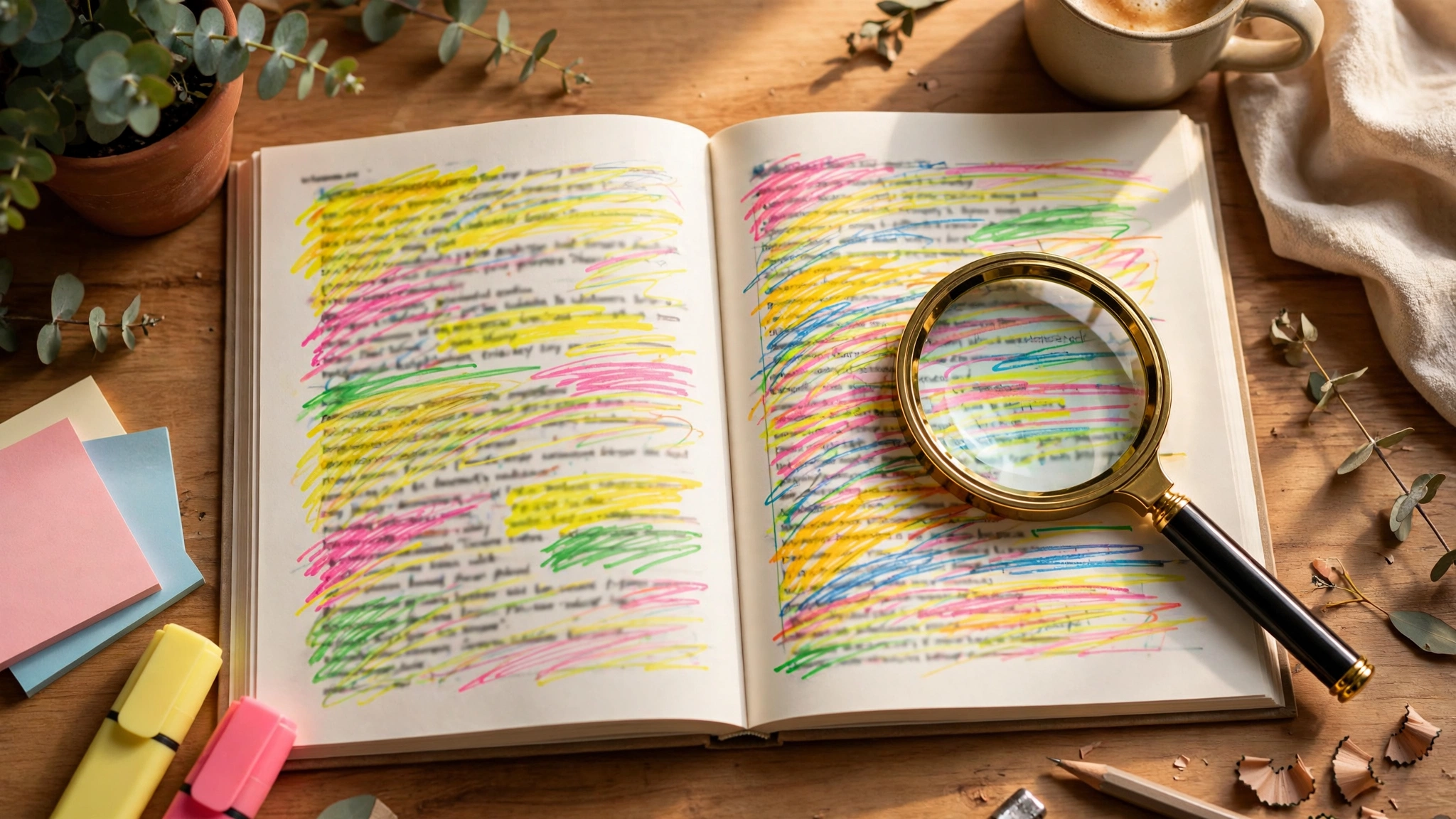 Open English grammar book with highlighted words and magnifying glass on study desk