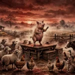 Dramatic storybook illustration of a pig addressing farm animals at dawn