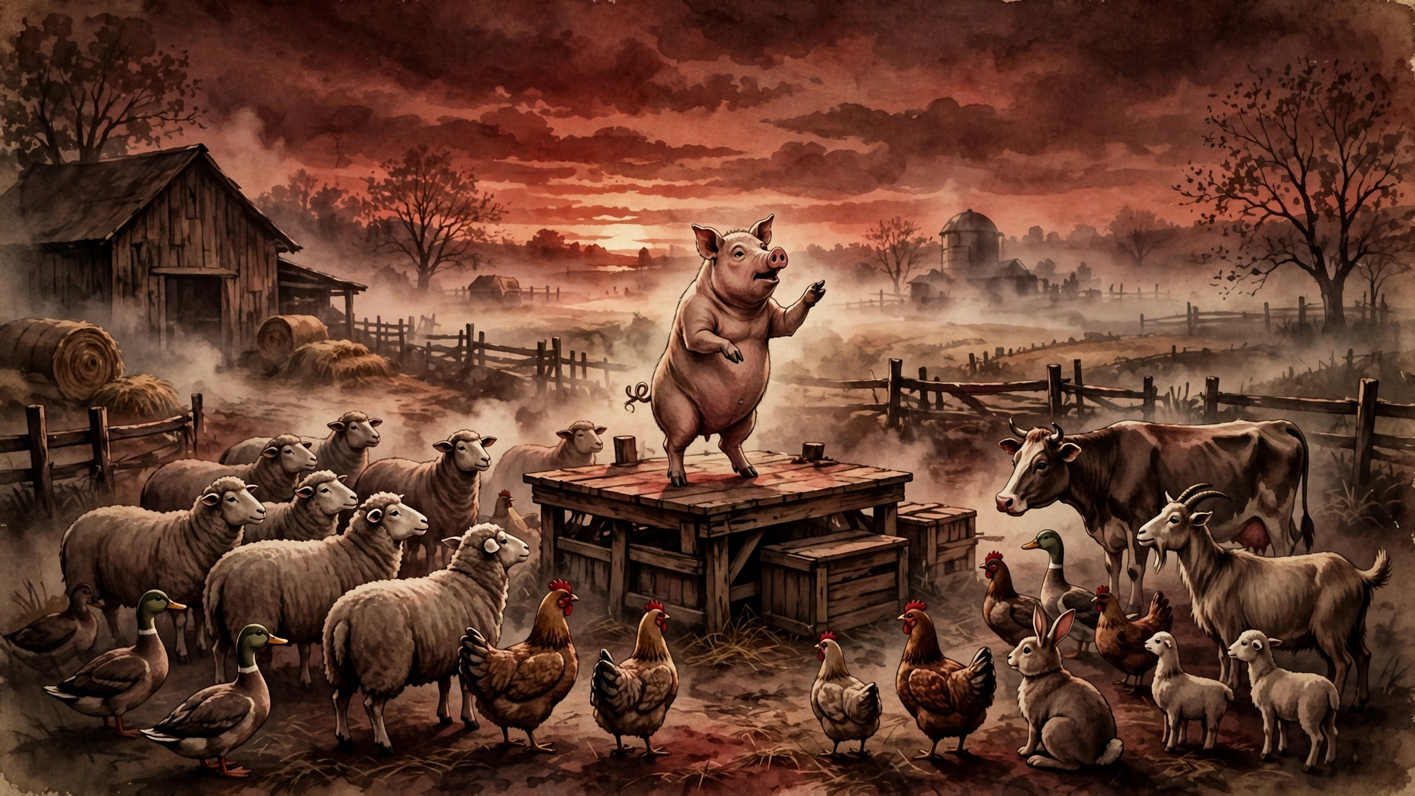 Dramatic storybook illustration of a pig addressing farm animals at dawn