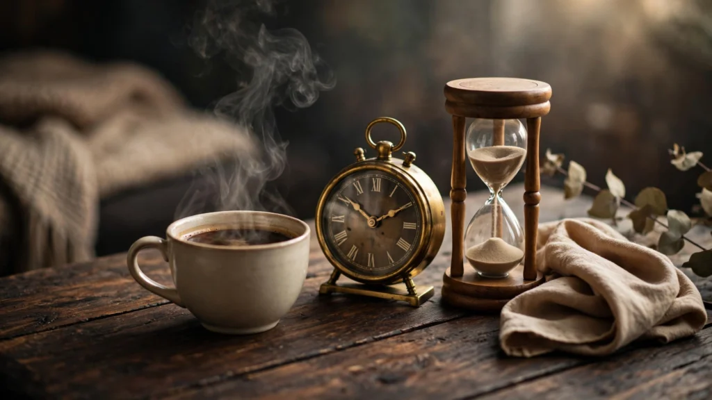 Steaming coffee cup with a clock and hourglass on a dark wooden table