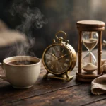 Steaming coffee cup with a clock and hourglass on a dark wooden table