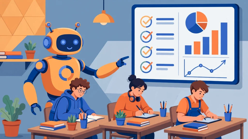 AI robot assistant helping students with assignments beside a feedback dashboard