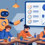 AI robot assistant helping students with assignments beside a feedback dashboard