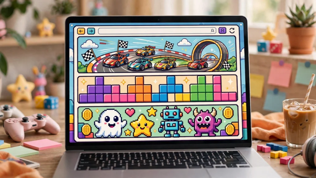 Colorful browser gaming scene with racing cars and arcade characters on a laptop screen