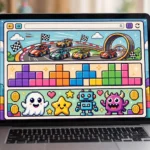 Colorful browser gaming scene with racing cars and arcade characters on a laptop screen