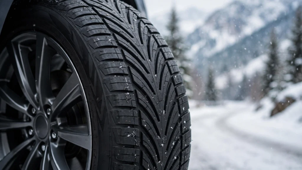 Close-up of Michelin-style all-season tire with V-shaped tread on a car wheel with snowy road background