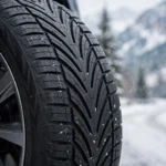 Close-up of Michelin-style all-season tire with V-shaped tread on a car wheel with snowy road background