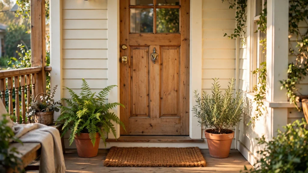 Welcoming front porch with a coir door mat in front of a wooden door and potted plants