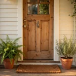 Welcoming front porch with a coir door mat in front of a wooden door and potted plants