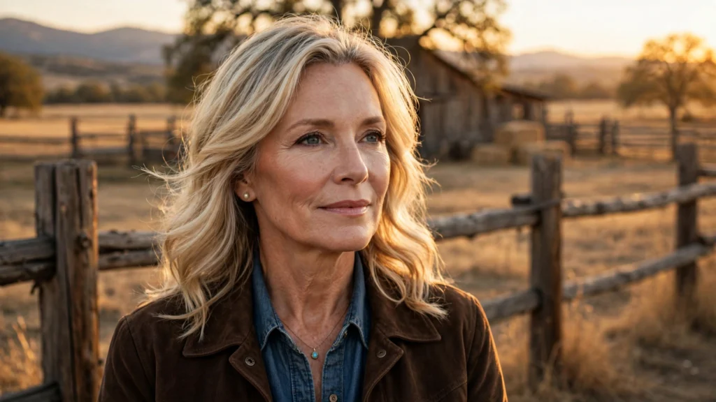 Portrait of an elegant mature blonde woman in a western ranch setting at golden hour