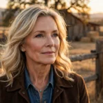 Portrait of an elegant mature blonde woman in a western ranch setting at golden hour