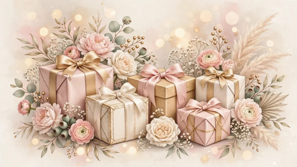 Elegantly wrapped gift boxes with satin ribbons in blush pink and gold