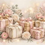 Elegantly wrapped gift boxes with satin ribbons in blush pink and gold