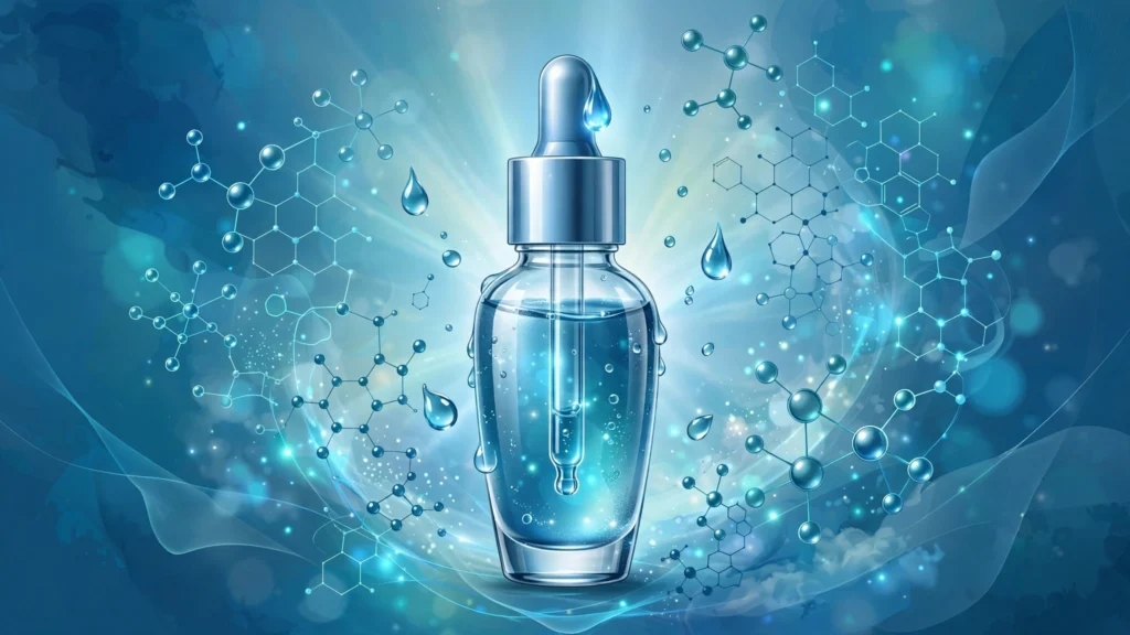 Glowing blue serum bottle with molecular structures representing peptides
