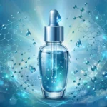 Glowing blue serum bottle with molecular structures representing peptides