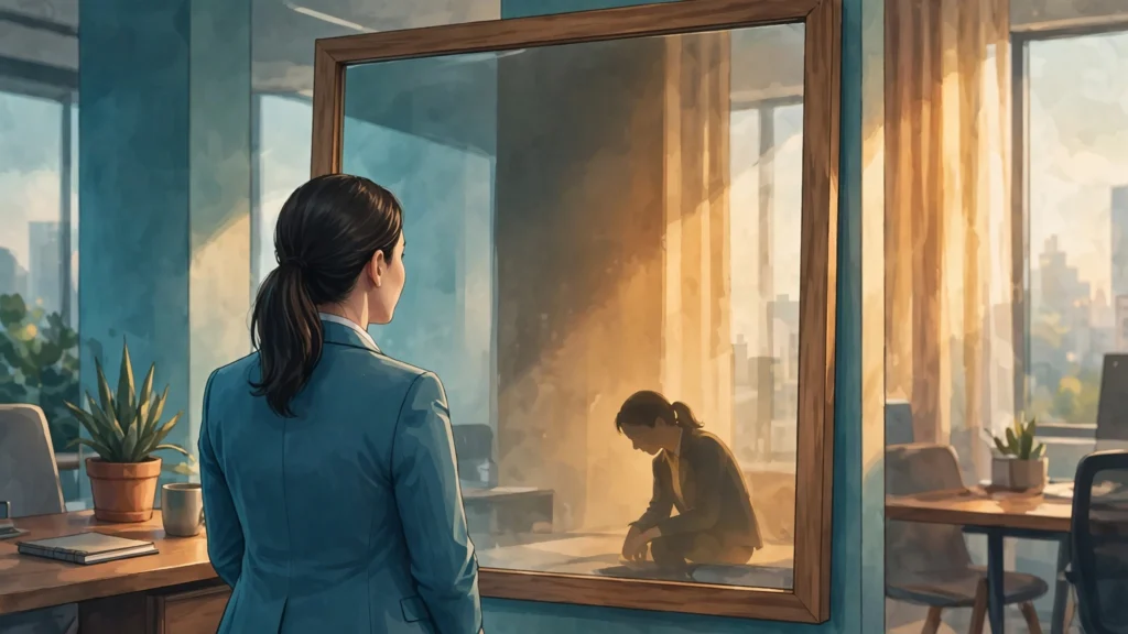 Person looking into a mirror reflecting self-doubt, illustrating imposter syndrome