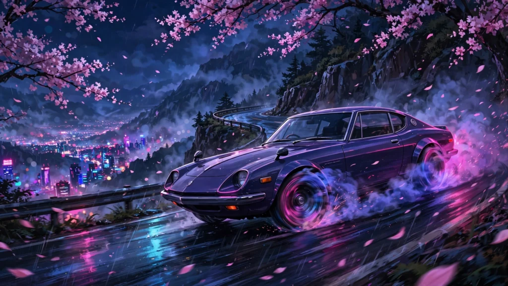 Classic Japanese sports car drifting on a mountain road at night with neon glow