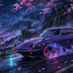 Classic Japanese sports car drifting on a mountain road at night with neon glow