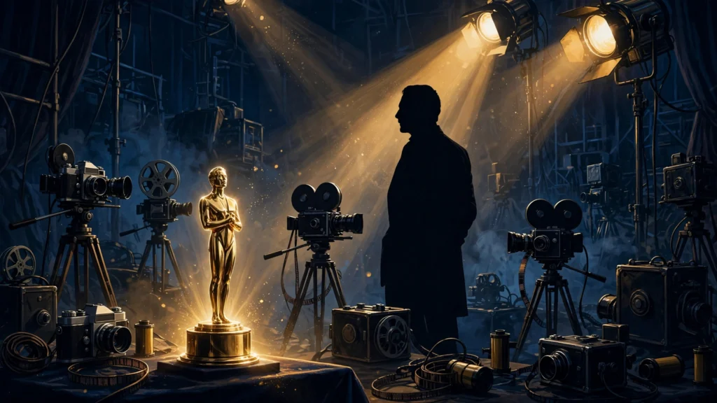 Cinematic illustration of an actor on a film set with dramatic lighting and a golden awards statuette