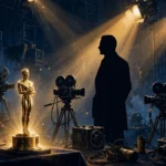 Cinematic illustration of an actor on a film set with dramatic lighting and a golden awards statuette