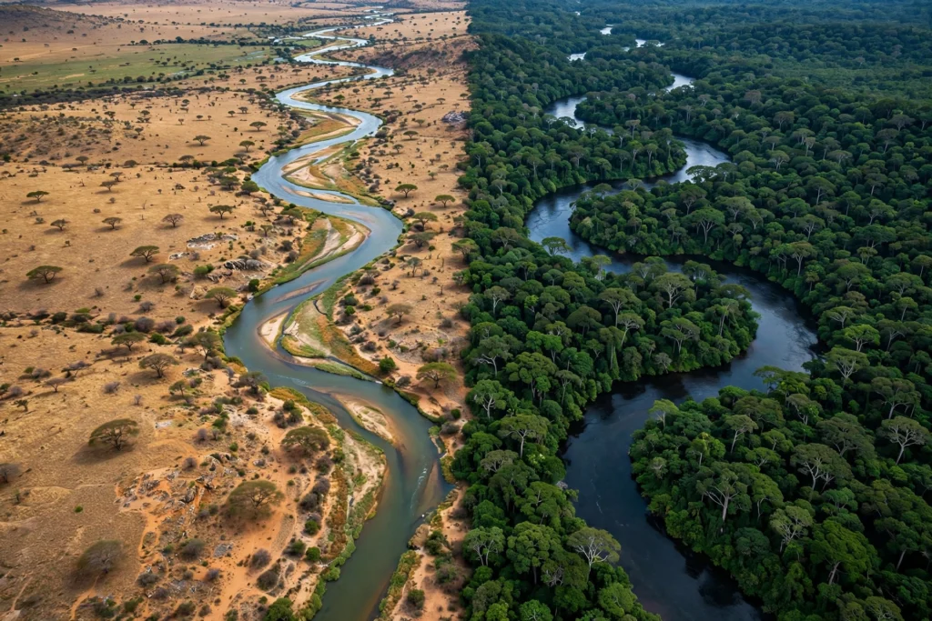 Split aerial view of the Nile in African savanna and the Amazon in dense rainforest