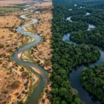 Split aerial view of the Nile in African savanna and the Amazon in dense rainforest