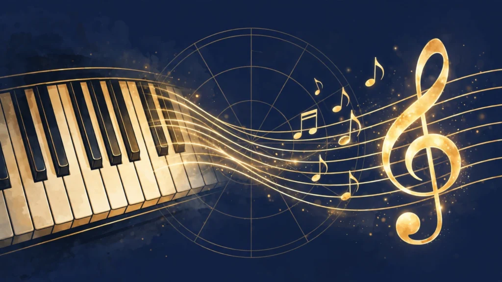 Music theory basics illustrated with piano keys, a treble clef and floating musical notes