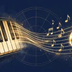 Music theory basics illustrated with piano keys, a treble clef and floating musical notes