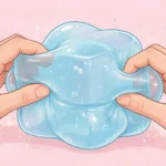 Hands squeezing a translucent blue NeeDoh Nice Cube fidget toy