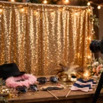 Festive wedding photobooth setup with gold sequin backdrop, props table and camera on tripod