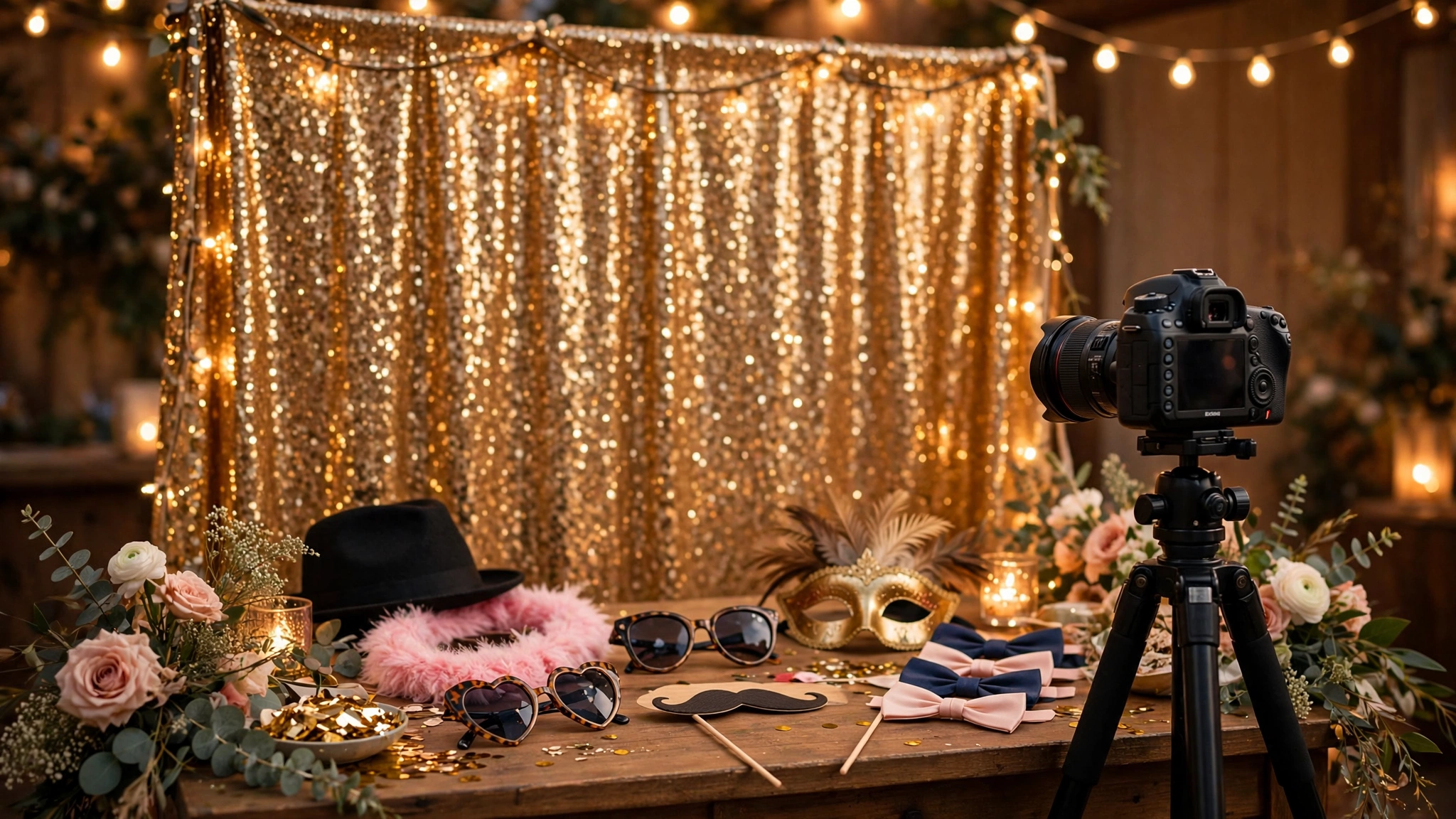 Festive wedding photobooth setup with gold sequin backdrop, props table and camera on tripod