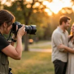 Professional photographer with camera photographing a couple at golden hour in a park