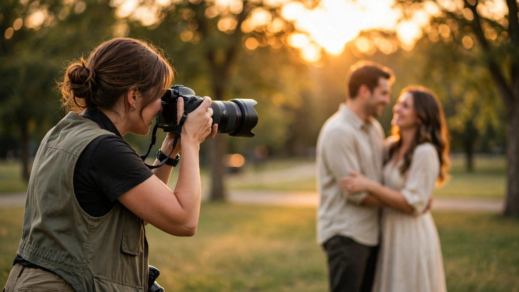 Professional photographer with camera photographing a couple at golden hour in a park