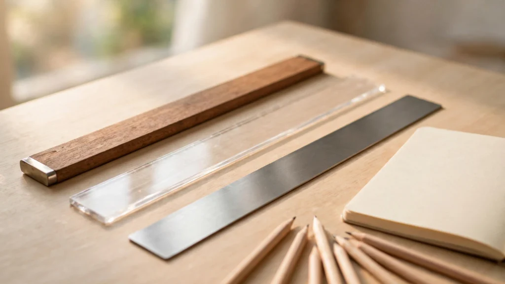 Wooden, plastic and steel rulers arranged on a desk with pencils