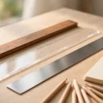 Wooden, plastic and steel rulers arranged on a desk with pencils