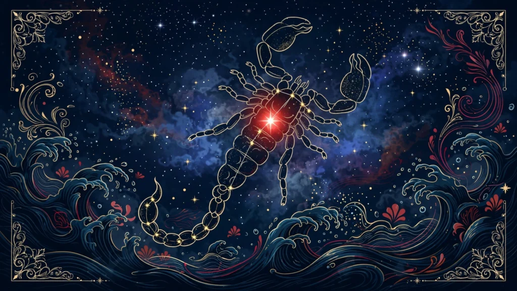 Scorpion zodiac constellation with the red star Antares over a midnight blue sky