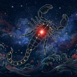 Scorpion zodiac constellation with the red star Antares over a midnight blue sky