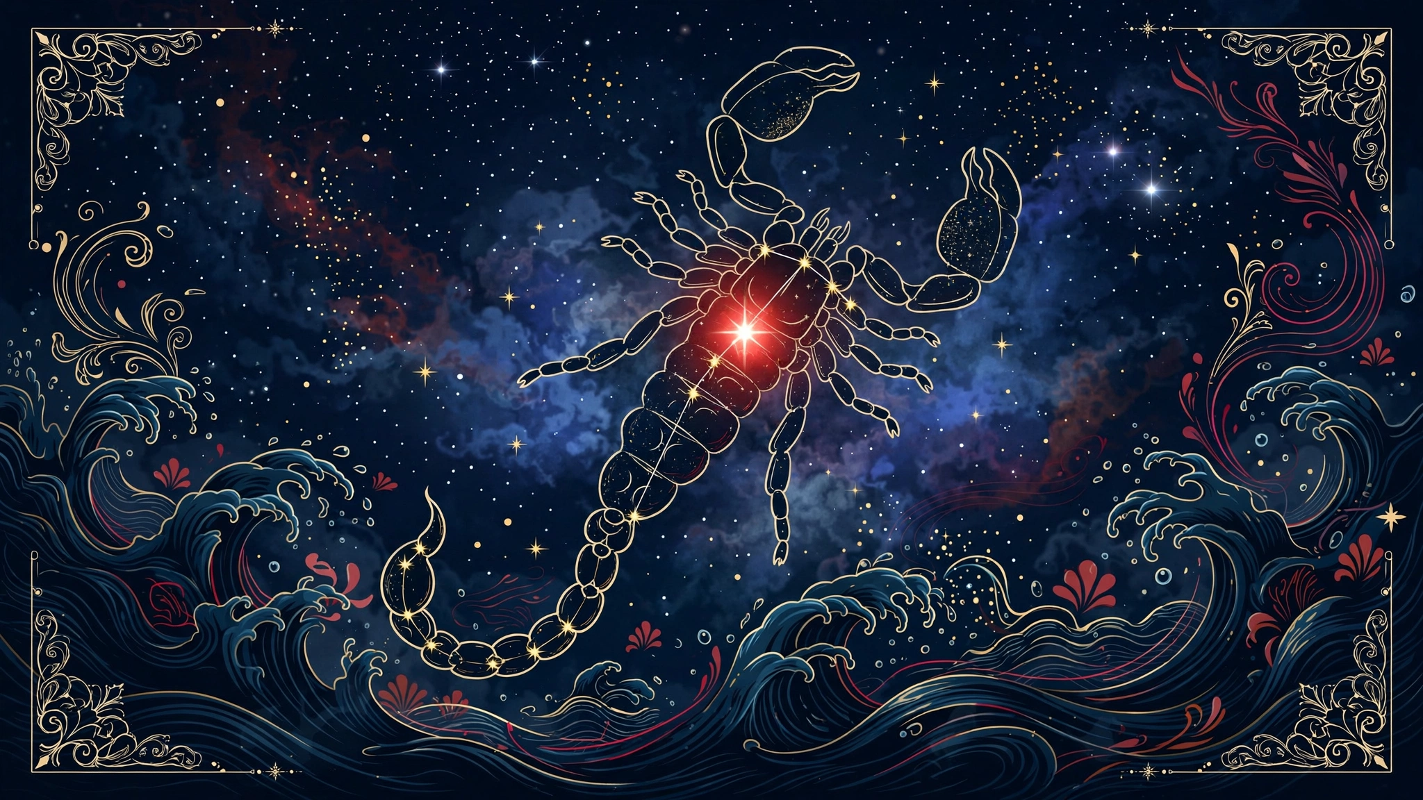 Scorpion zodiac constellation with the red star Antares over a midnight blue sky