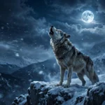Lone wolf howling at a full moon on a snowy mountain ridge at night