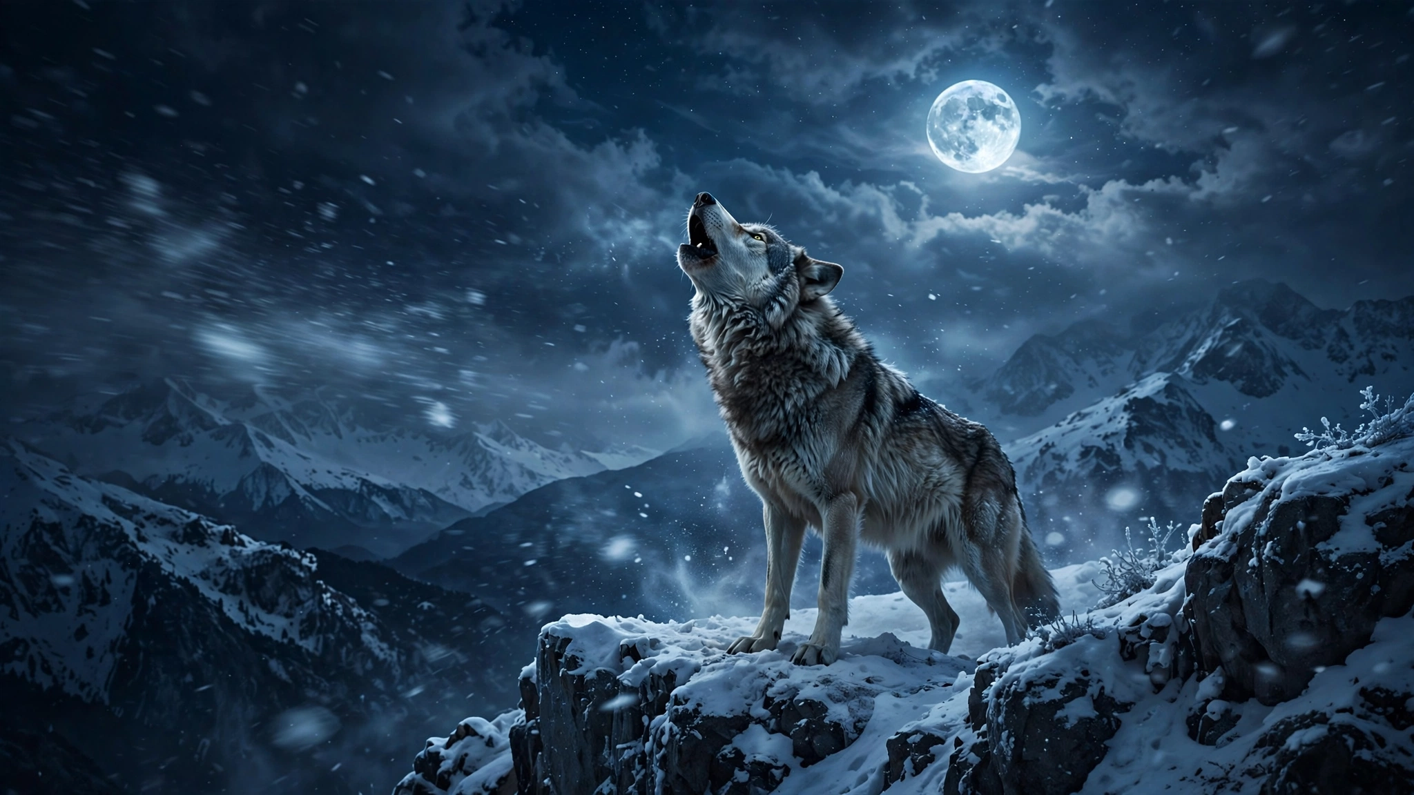 Lone wolf howling at a full moon on a snowy mountain ridge at night