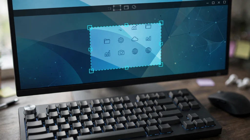 Windows desktop with snipping capture overlay highlighting a screen region and keyboard in foreground