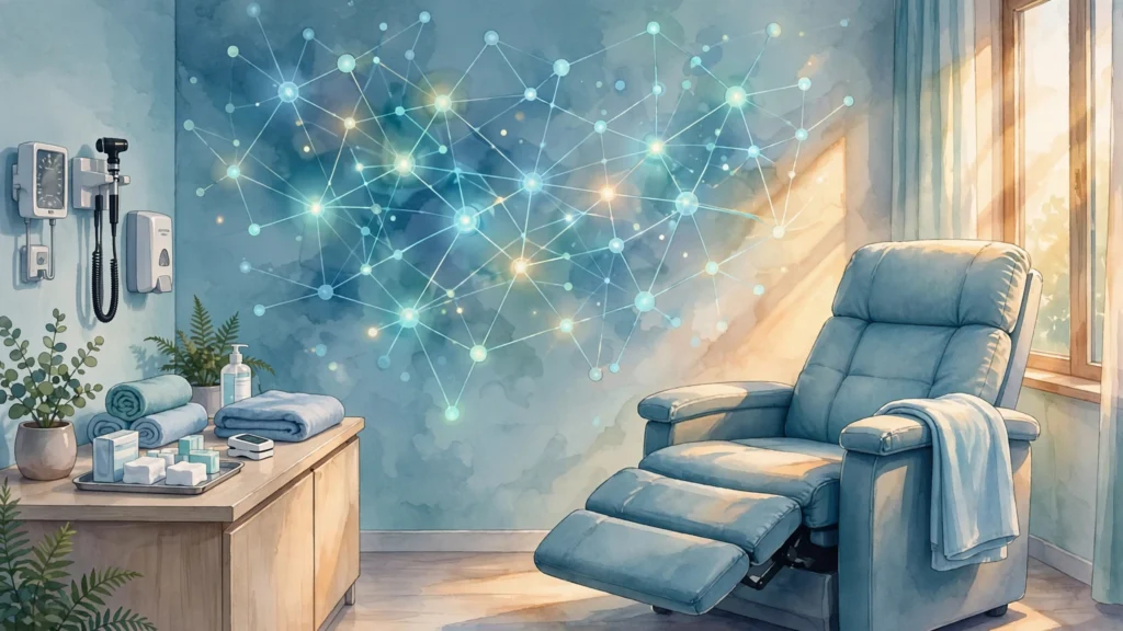 Calm modern clinic treatment room with glowing neural network suggesting brain healing