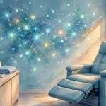 Calm modern clinic treatment room with glowing neural network suggesting brain healing