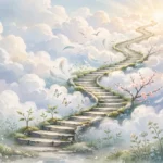 Winding staircase path through clouds toward light symbolizing stages of personal change