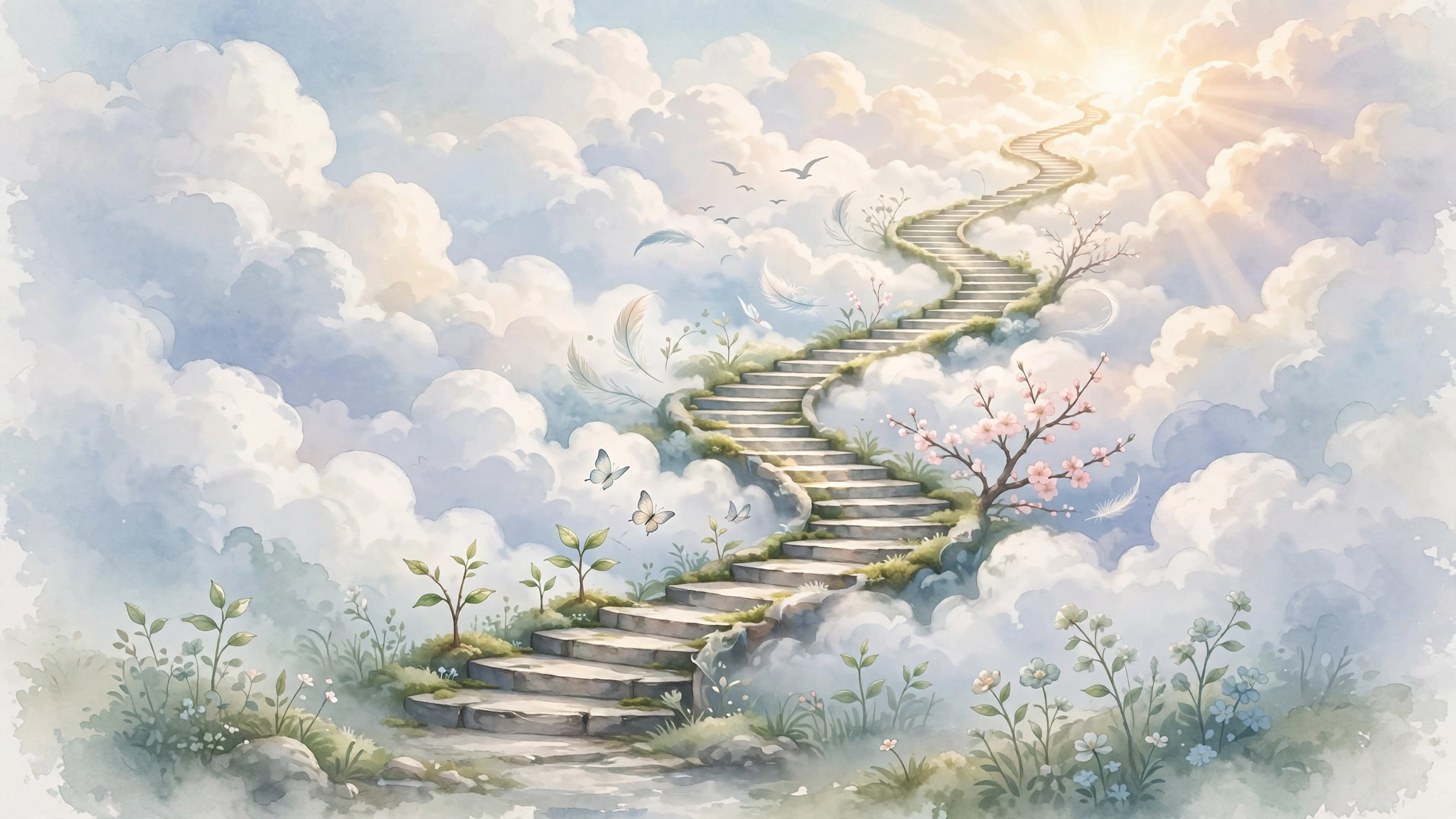 Winding staircase path through clouds toward light symbolizing stages of personal change